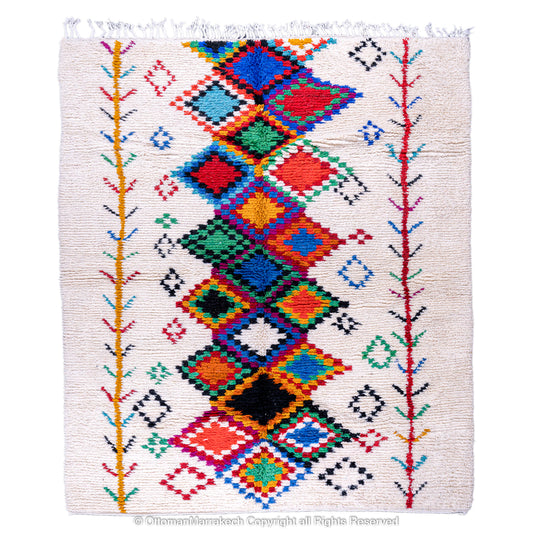 White Wool Berber Rug with Colorful Diamond Motifs