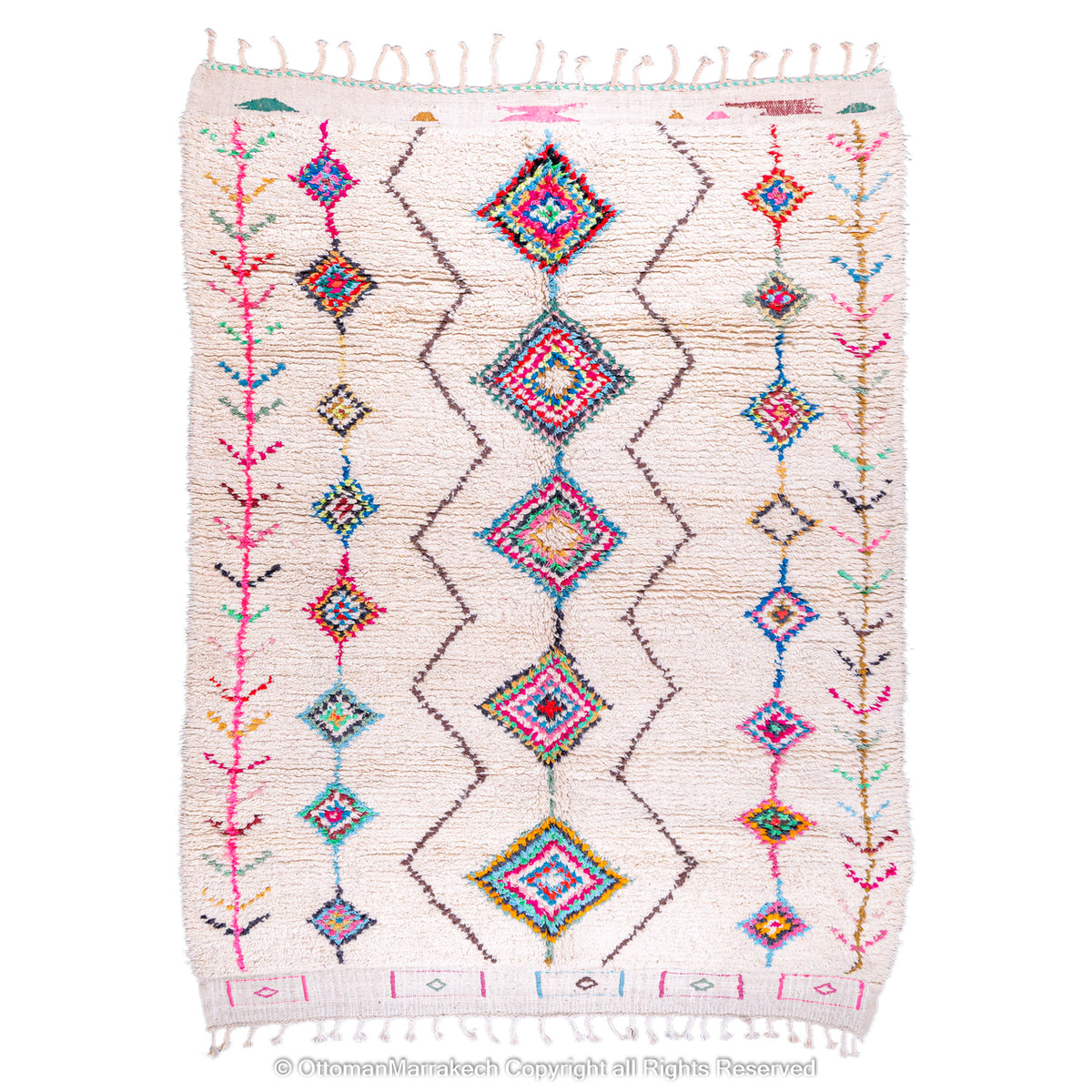 Handwoven Moroccan Rug with Colorful Diamond Pattern and Side Floral Embroidery