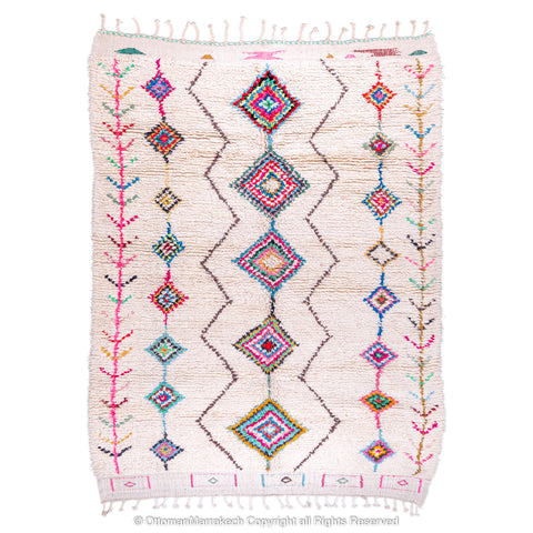 Handwoven Moroccan Rug with Colorful Diamond Pattern and Side Floral Embroidery