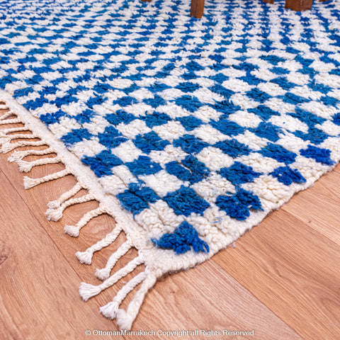 Plush Blue and White Berber Checkered Rug