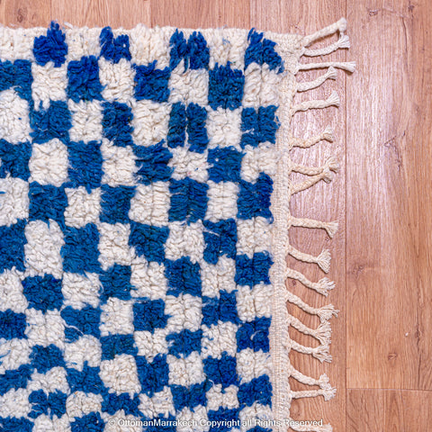 Plush Blue and White Berber Checkered Rug