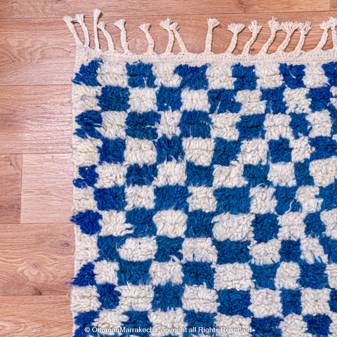 Plush Blue and White Berber Checkered Rug