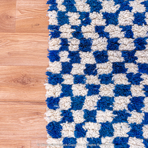 Plush Blue and White Berber Checkered Rug