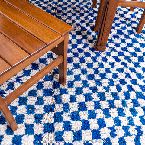 Plush Blue and White Berber Checkered Rug