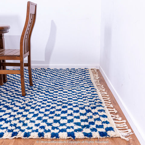 Plush Blue and White Berber Checkered Rug