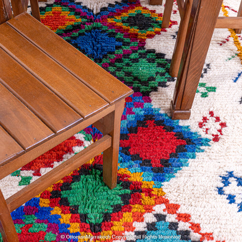 White Wool Berber Rug with Colorful Diamond Motifs