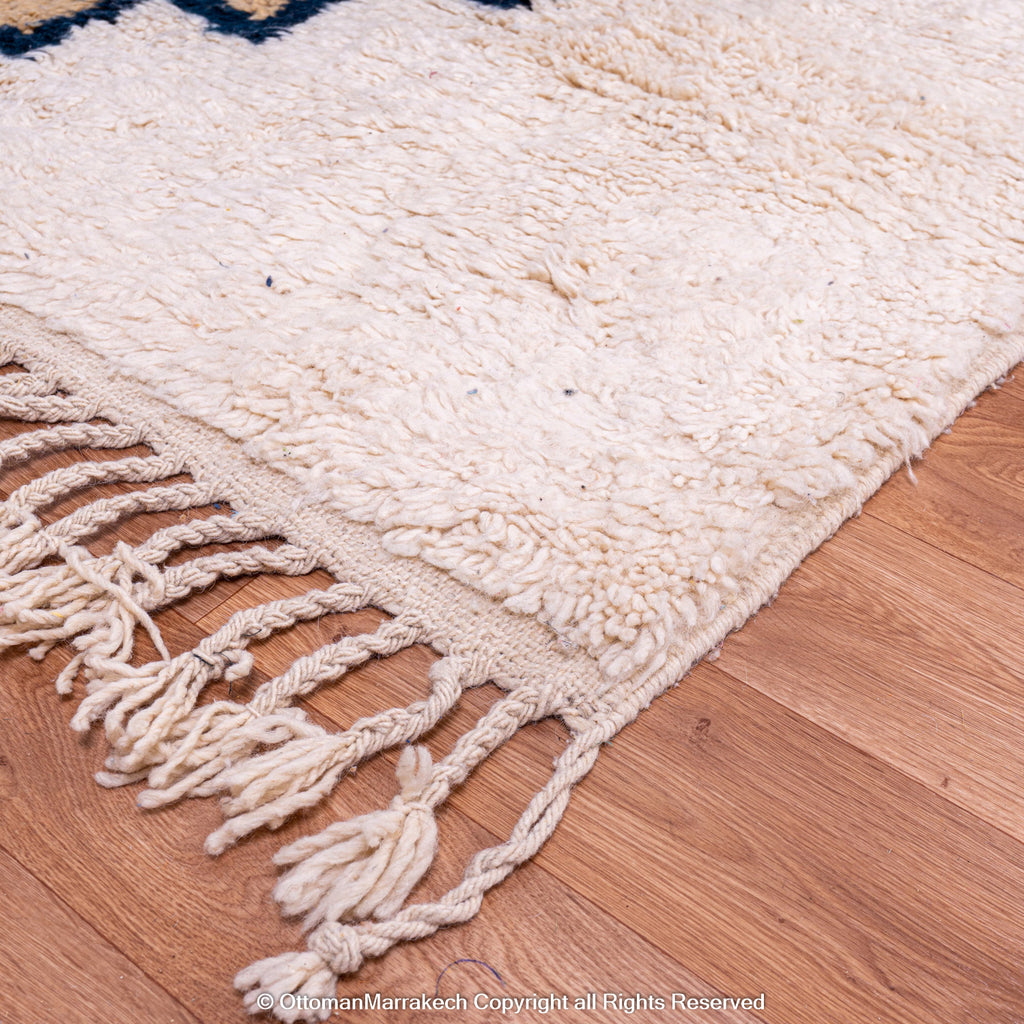 Moroccan Cashmere Gem Rug – Beige Rug with Sapphire-Lined Cashmere Squares in Diamond Pattern