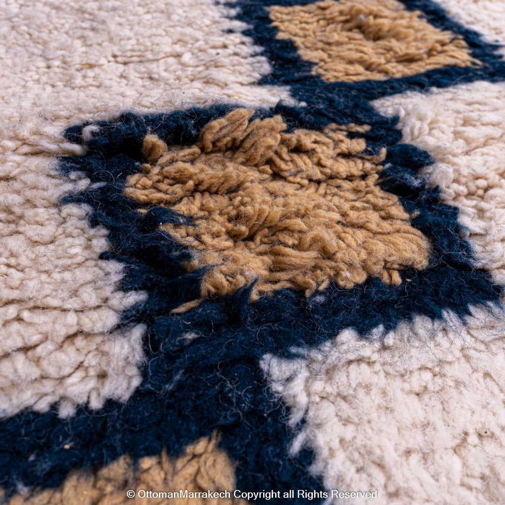 Moroccan Cashmere Gem Rug – Beige Rug with Sapphire-Lined Cashmere Squares in Diamond Pattern