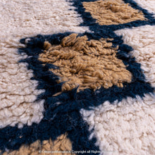 Load image into Gallery viewer, Moroccan Cashmere Gem Rug – Beige Rug with Sapphire-Lined Cashmere Squares in Diamond Pattern