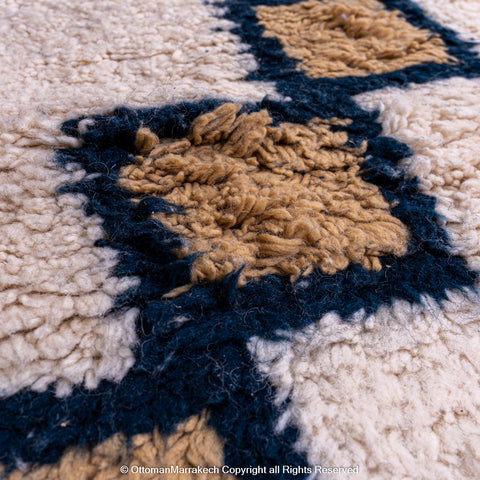 Moroccan Cashmere Gem Rug – Beige Rug with Sapphire-Lined Cashmere Squares in Diamond Pattern