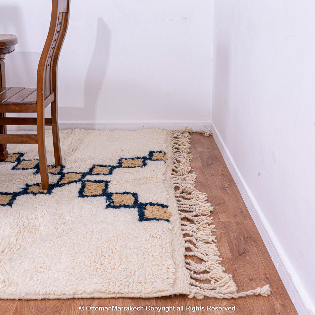 Moroccan Cashmere Gem Rug – Beige Rug with Sapphire-Lined Cashmere Squares in Diamond Pattern