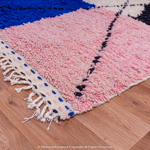 Moroccan Navy Blossom Rug – Abstract Area White Rug with Navy Blue, Pink Shapes & Black Lines