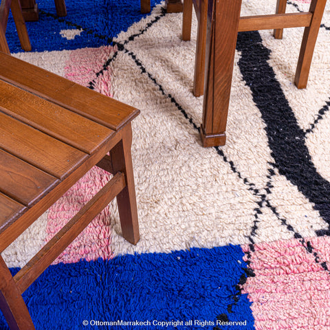 Moroccan Navy Blossom Rug – Abstract Area White Rug with Navy Blue, Pink Shapes & Black Lines