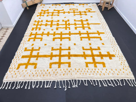White Berber Rug with Geometric Saffron-Hued Patterns