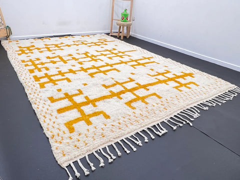 White Berber Rug with Geometric Saffron-Hued Patterns