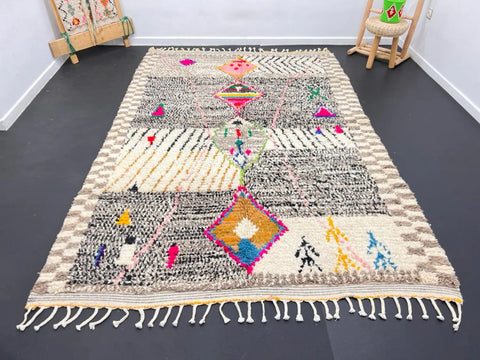 Multicolored Moroccan Wool Rug with Geometric Diamond Patterns