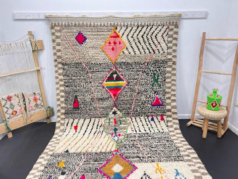 Multicolored Moroccan Wool Rug with Geometric Diamond Patterns