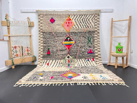 Multicolored Moroccan Wool Rug with Geometric Diamond Patterns