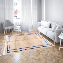 Load image into Gallery viewer, Moroccan Derby Elegance Rug – Soft Beige with Double Cobalt &amp; Selago Lines