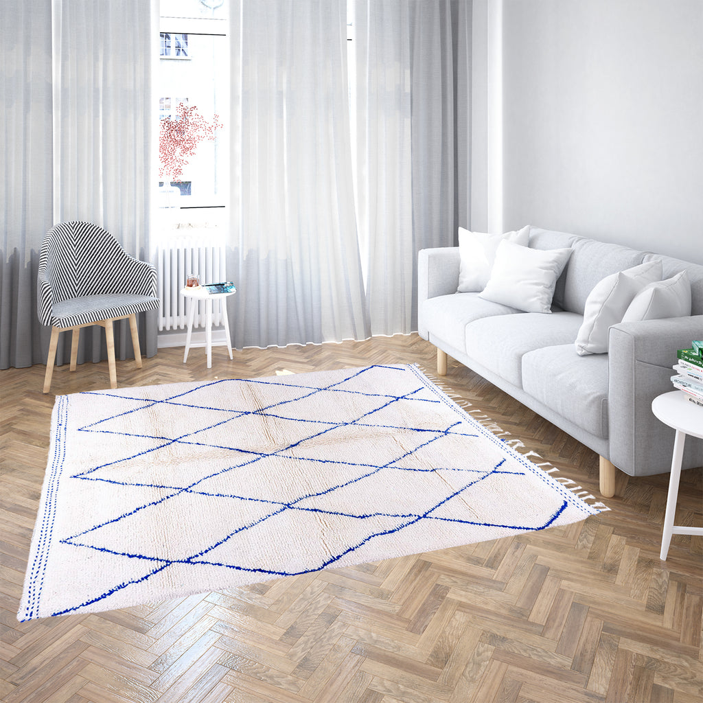 White Beni Ourain Moroccan Wool Rug with Blue Diamond Lattice Pattern