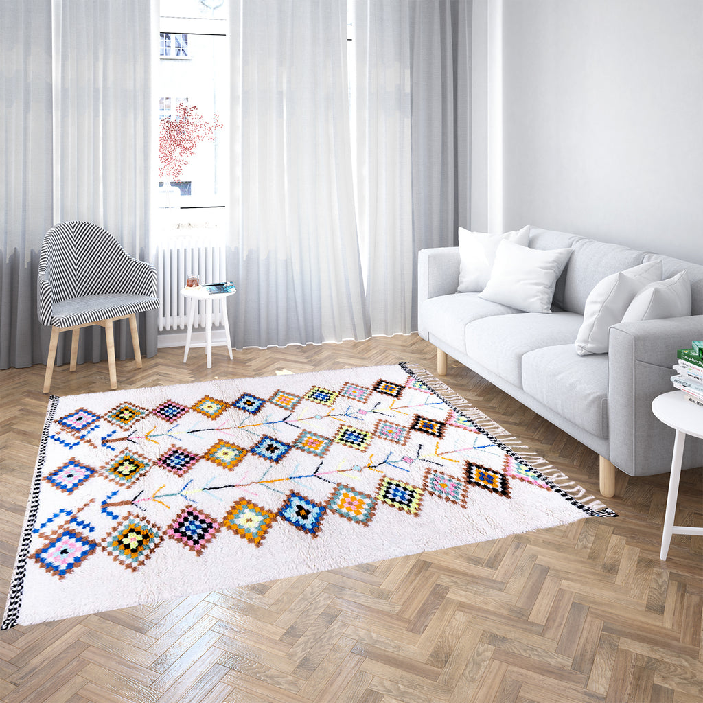 White Moroccan Wool Rug with Colorful Diamond and Tree Motifs