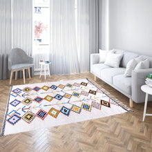 Load image into Gallery viewer, White Moroccan Wool Rug with Colorful Diamond and Tree Motifs