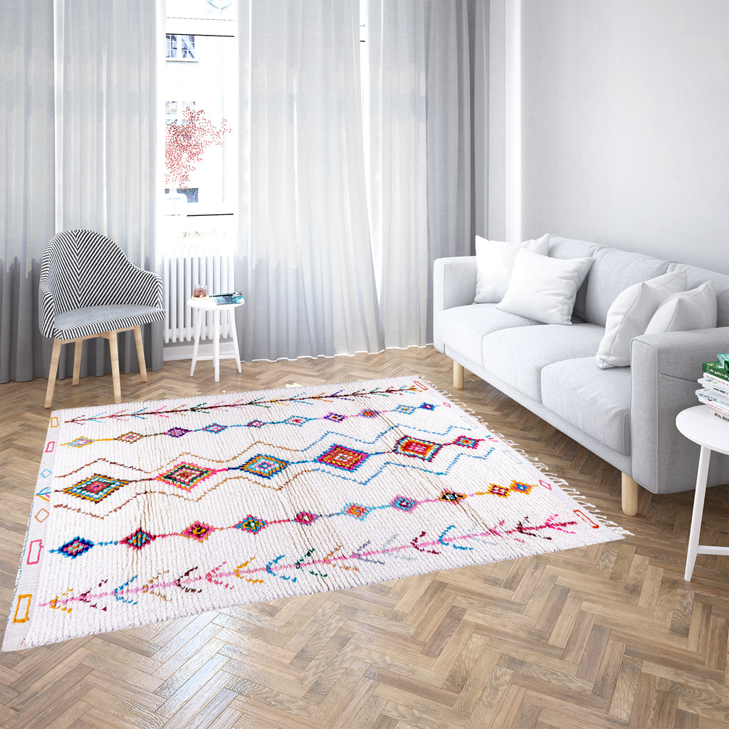 White Moroccan Wool Rug with Colorful Diamond and Desert Motifs