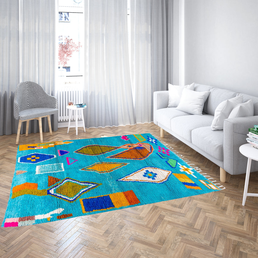 Sky Blue Moroccan Wool Rug with Colorful Geometric and Abstract Motifs