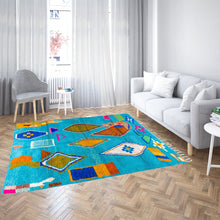 Load image into Gallery viewer, Sky Blue Moroccan Wool Rug with Colorful Geometric and Abstract Motifs