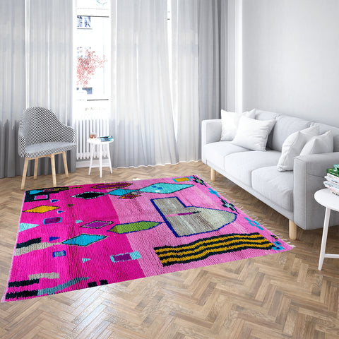 Vibrant Pink Moroccan Wool Rug with Atlas Berber Geometric Motifs