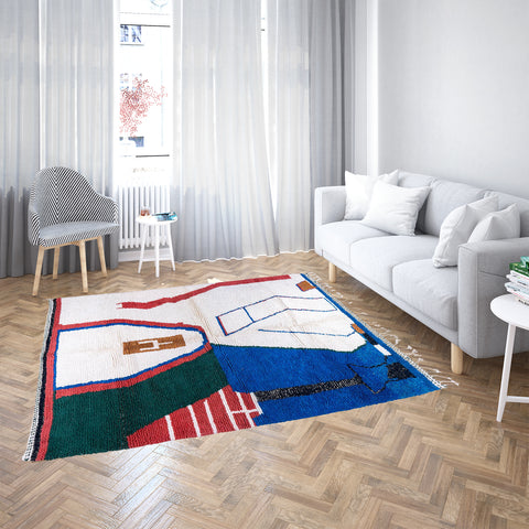 Abstract Moroccan Wool Rug with Blue, Green, and Red Geometric Patterns