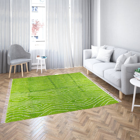 Bright Green Moroccan Rug with Tree Trunk-Inspired White Patterns