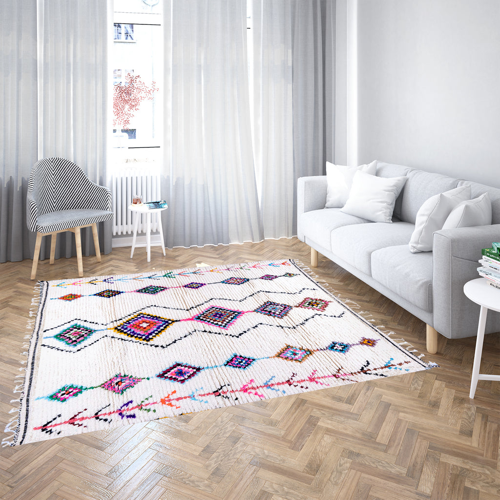 White Moroccan Wool Rug with Colorful Checkered Diamond and Plant Motifs