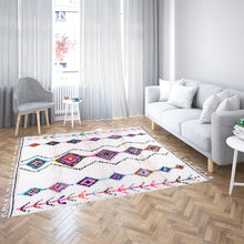 Load image into Gallery viewer, White Moroccan Wool Rug with Colorful Checkered Diamond and Plant Motifs