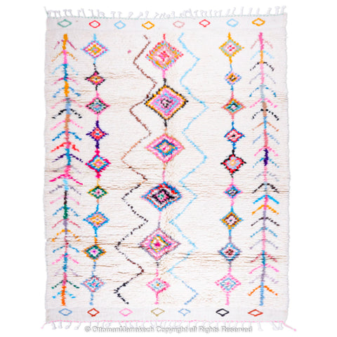 White Moroccan Berber Rug with Vibrant Diamond Motifs