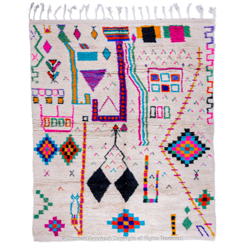 White Berber Rug with Vibrant Geometric Symbols