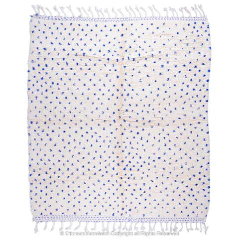 White Natural Wool Rug with Blue Dots and Embroidered Margins