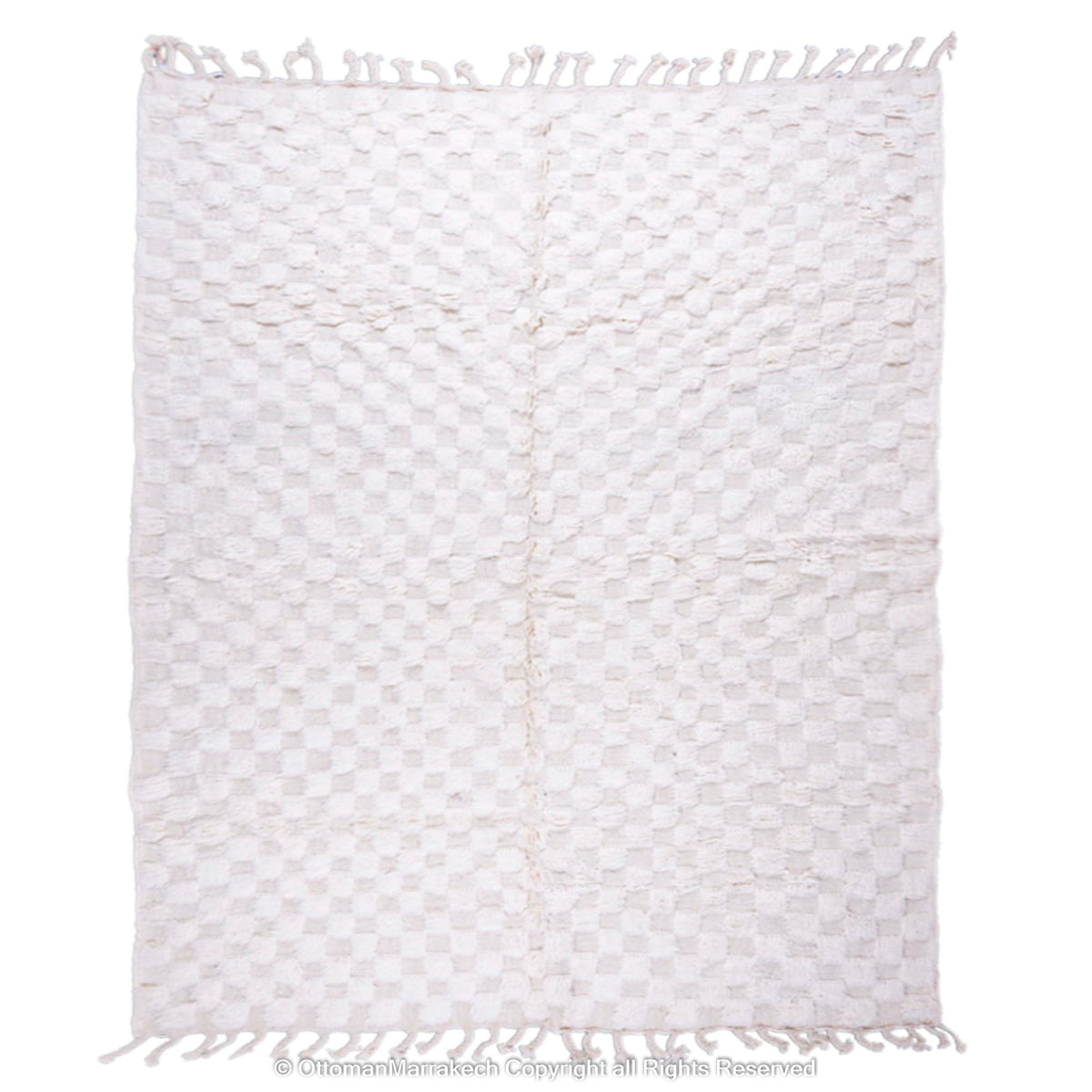 White Plush Moroccan Rug with Shaved Checkered Design